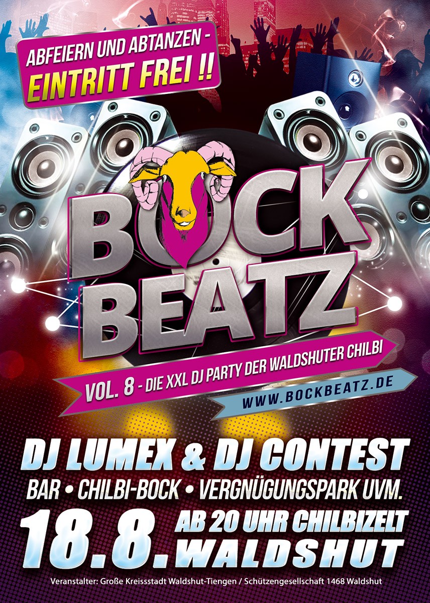 Flyer BOCKBEATZ Vol. 8 – 18. August, ab 20 Uhr im Chilbizelt Waldshut